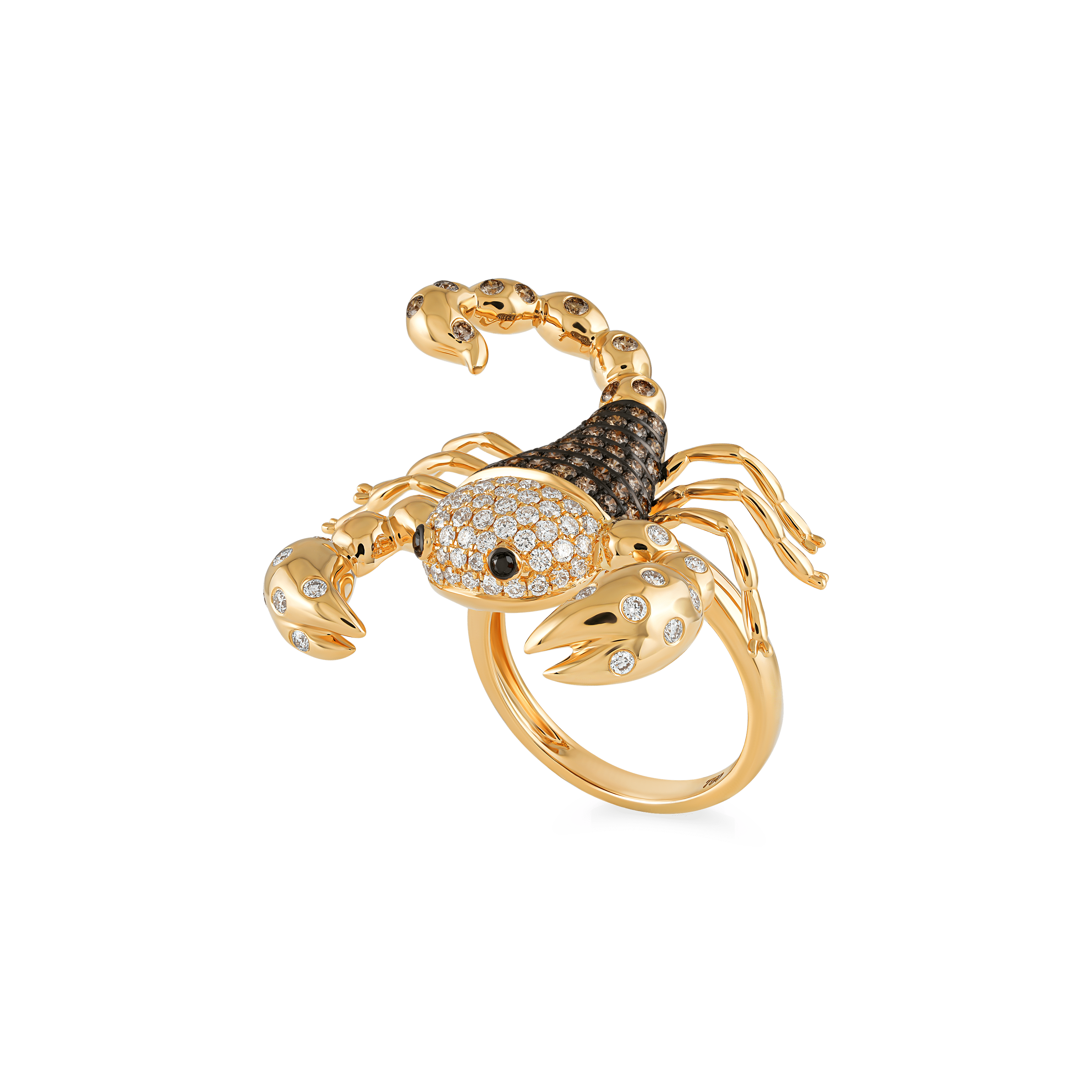 statement ring by EVA GEMS, intricately designed gold and diamond scorpion ring, scorpion-shaped ring with sparkling diamonds, luxury 18K yellow gold ring, bespoke jewelry for bold fashion, Dubai’s best handcrafted jewelry, scorpion ring with worldwide shipping, artistic scorpion-inspired diamond ring.